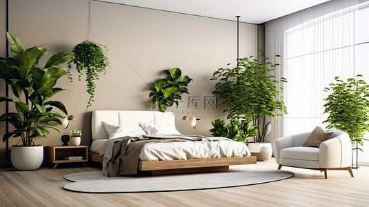 梳妆台背景图片_精致的睡眠区 3D 渲染宽敞的卧室，配有豪华床沙发梳妆台和茂密的植物