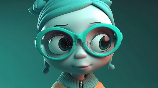 3D 渲染中青色高领和眼镜的女性角色头像