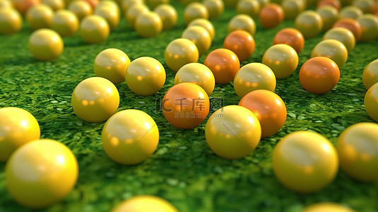 郁郁葱葱的绿色背景 3D 渲染上充满活力的柠檬黄球集合