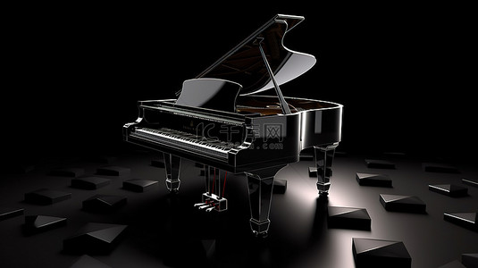 在 3D 渲染的黑暗背景下，三维光中的发光黑色钢琴