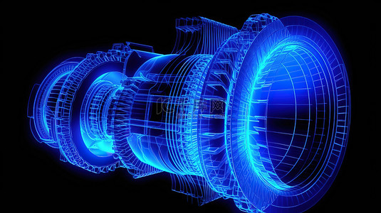 形成燃气涡轮发动机模型的蓝色粒子和线条的 3D 渲染