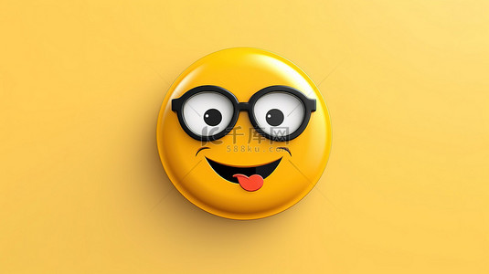 圆形按钮形状轮廓上戴着眼镜的书呆子笑脸图释的 3D 图标
