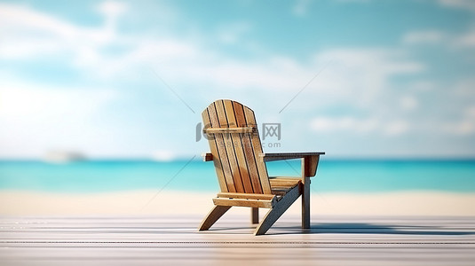 模糊 3D 沙滩椅在木桌上呈现令人惊叹的夏季模型，并带有海滨景观