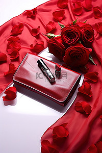 红玫瑰背景图片_红色皮革手拿包 情人节红玫瑰口红