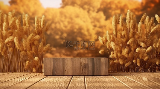干燥秋草中木制讲台上产品展示的 3D 渲染