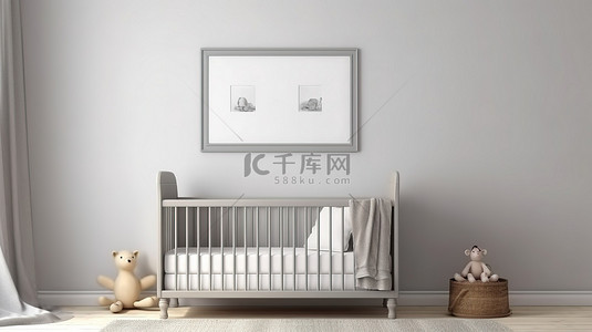 迷人的质朴托儿所金属婴儿床位于农舍环境中，白色的墙壁和方形框架凸显了这一点
