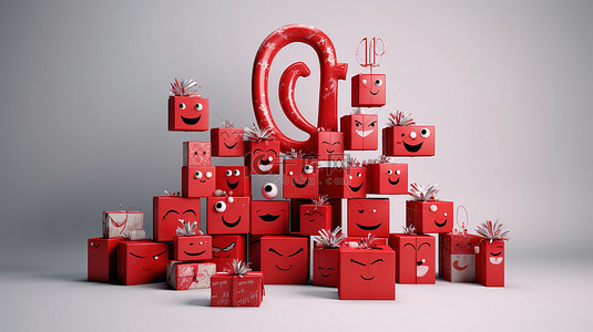 快乐的红色 3D 圣诞字体，装饰着微笑的表情符号和一棵手绘的圣诞树，在中性灰色背景上挂着礼品盒