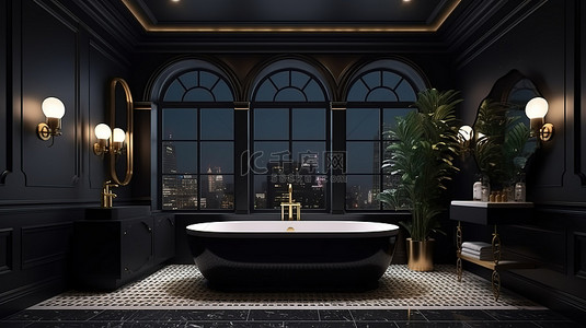浴室背景图片_现代经典浴室豪华瓷砖装饰的夜景 3D 渲染