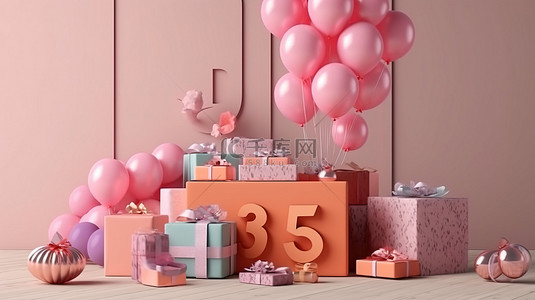 岁生日背景图片_气球和礼品盒的 3D 渲染为 85 岁生日庆典营造节日气氛