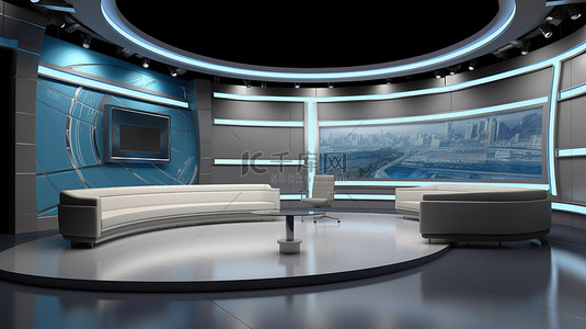 沉浸式 3D 电视演播室背景，用于新闻节目，墙上显示电视