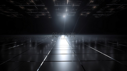 3d灯光背景图片_聚光灯在黑暗的 3d 渲染中照亮了未来派的科幻地板