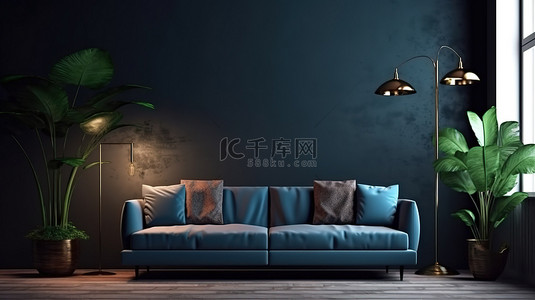 简约的客厅配有蓝色布艺沙发植物装饰和情绪照明