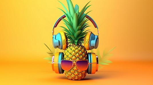 海滩沙滩背景图片_戴着墨镜和耳机的菠萝的热带氛围 3D 插图