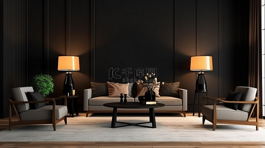 日式背景背景图片_汉普顿风格扶手椅客厅，深色日式室内 3D 插图设计