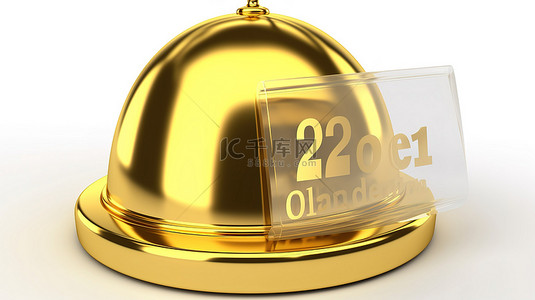 文本装饰背景图片_白色背景上带有金色“2% 折扣”标志的餐厅钟形装饰的 3d 渲染