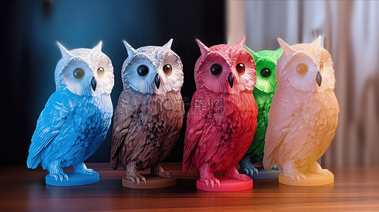 定制行业背景图片_近距离观察使用 3D 打印机制作的四个充满活力的猫头鹰模型