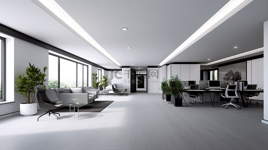 走廊和地板背景图片_时尚的办公空间，配有灰色地毯地板白色办公桌和 3D 渲染会议室