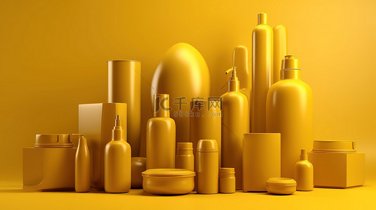 在黄色背景下以 3D 渲染呈现的黄色和金色产品展示