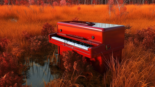 河边复杂的 3D 插图中的秋叶和长草中强烈的红色钢琴