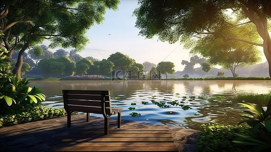 风景如画的公园和风景优美的湖泊的 3D 渲染