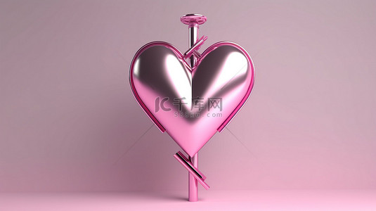 情人节粉红背景图片_3D 渲染粉红色情人节概念，带有心形金属箭头