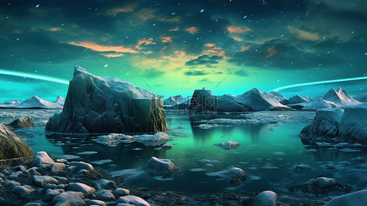雪山风景背景图片_冰冻岩石海景上令人惊叹的北极光 3D 艺术作品