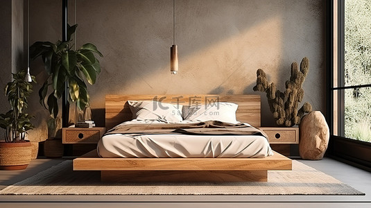 家具背景图片_3D 渲染天然木制家具卧室的插图，配有日式风格和干燥植物