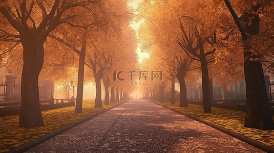 雾蒙蒙的秋夜，小路上排列着金色的树木，插图 3D 场景