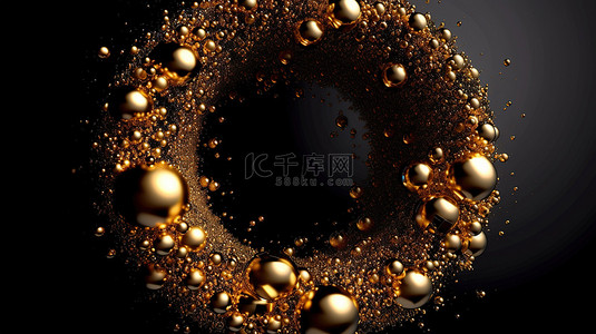 黑色背景上圆形运动的金颗粒 3D 渲染插图