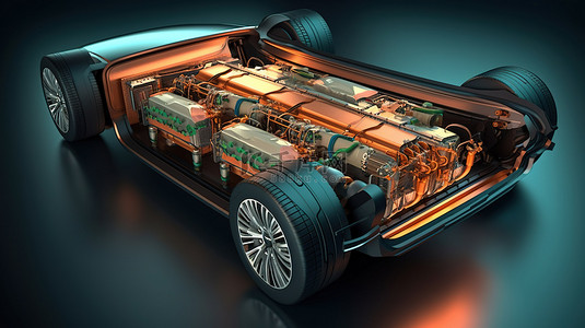 车内背景图片_电动汽车可充电电池组的内部组件和底盘细节 3D 插图