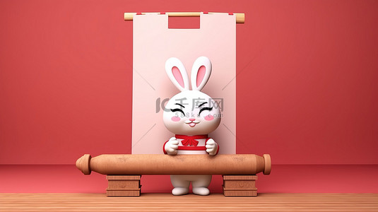 新年传统节日海报背景图片_可爱的 3D 渲染兔子角色，带有空的浮动讲台和空白的中国手卷轴