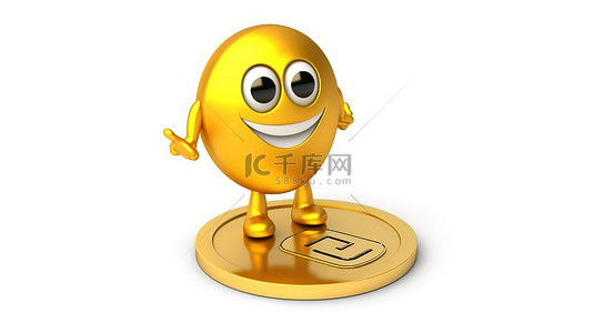 银行人物背景图片_3D 渲染白色背景人物吉祥物，配有可充电电池和金色忠诚奖金硬币