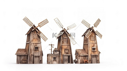 古建背景背景图片_白色背景下古老木质风车农场的质朴 3D 渲染