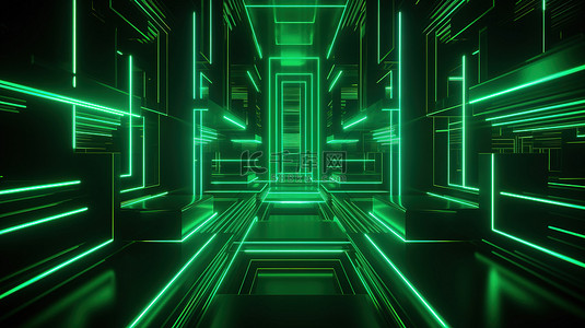 具有抽象几何背景和充满活力的霓虹灯线的荧光绿色 3D 渲染
