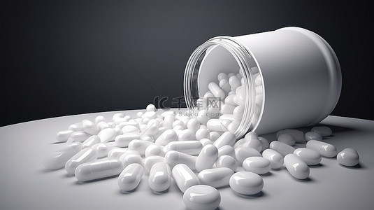 药物治疗 3d 呈现的药丸罐与散落的白色胶囊