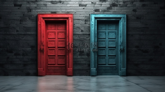 黑色混凝土墙上 3D 渲染中的未来概念红色和蓝色门，为未来提供两种选择
