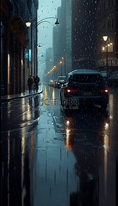 楼房车行人路灯雨中的城市街景背景