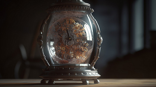 以 3D 渲染的古董钟表显示在潮湿的背景上，玻璃外壳内有可见的机制
