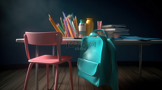 排列书背景图片_青色空间，配有桌椅袋子铅笔彩色铅笔和书籍的 3D 排列