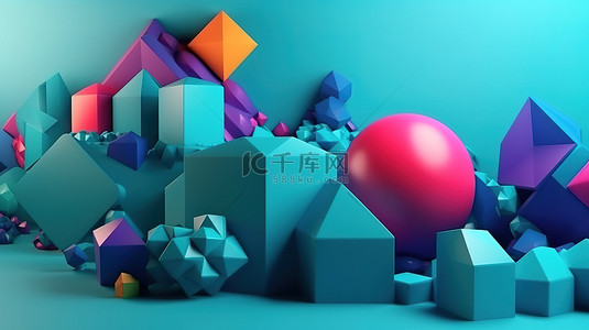 蓝色背景上的彩色几何 3D 效果图，用于节日销售横幅