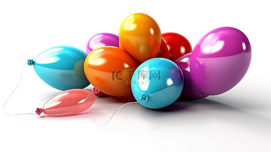 插画水彩背景图片_在 3D 渲染的白色背景下充满活力的一堆气球