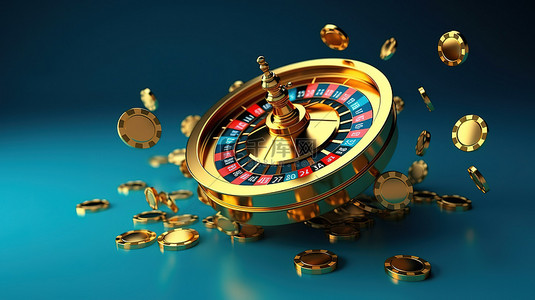 桌牌背景图片_轮盘赌轮和飞行金币在孤立的蓝色背景上的 3D 渲染，描绘了在线赌场的概念