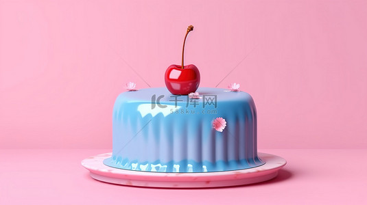 简约设计对象 3D 渲染一个小蓝色蛋糕，粉色背景上有一颗樱桃