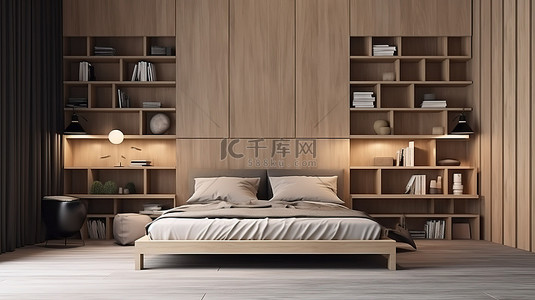 家具背景图片_带有 3D 设计集成书架的现代木制卧室
