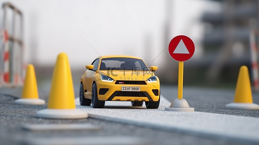 白色背景的 3D 渲染，带有封闭式道路汽车屏障和带有黄色卡通车的停车标志
