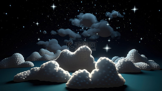 卡通云彩和星星在夜空的迷人 3D 渲染中栩栩如生