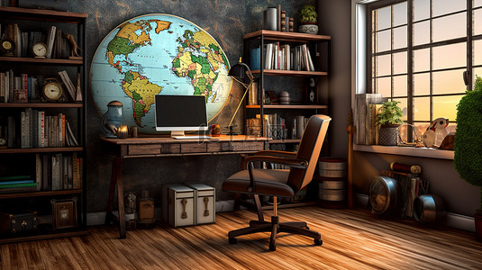 3D 渲染的家庭办公室是在家工作的完美空间