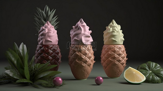 草莓苹果背景图片_椰子柠檬水森林水果和苹果口味的充满活力的 3D 渲染冰淇淋甜筒