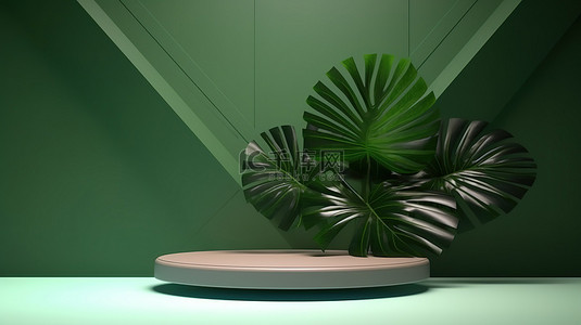 产品展示的八角形讲台和有机叶影背景的 3D 渲染