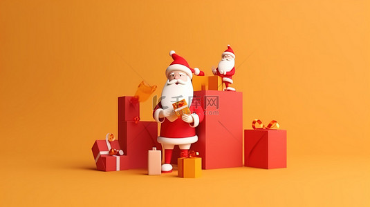 在线购物与圣诞老人 3D 圣诞节促销模板，具有徽标和文本的复制空间